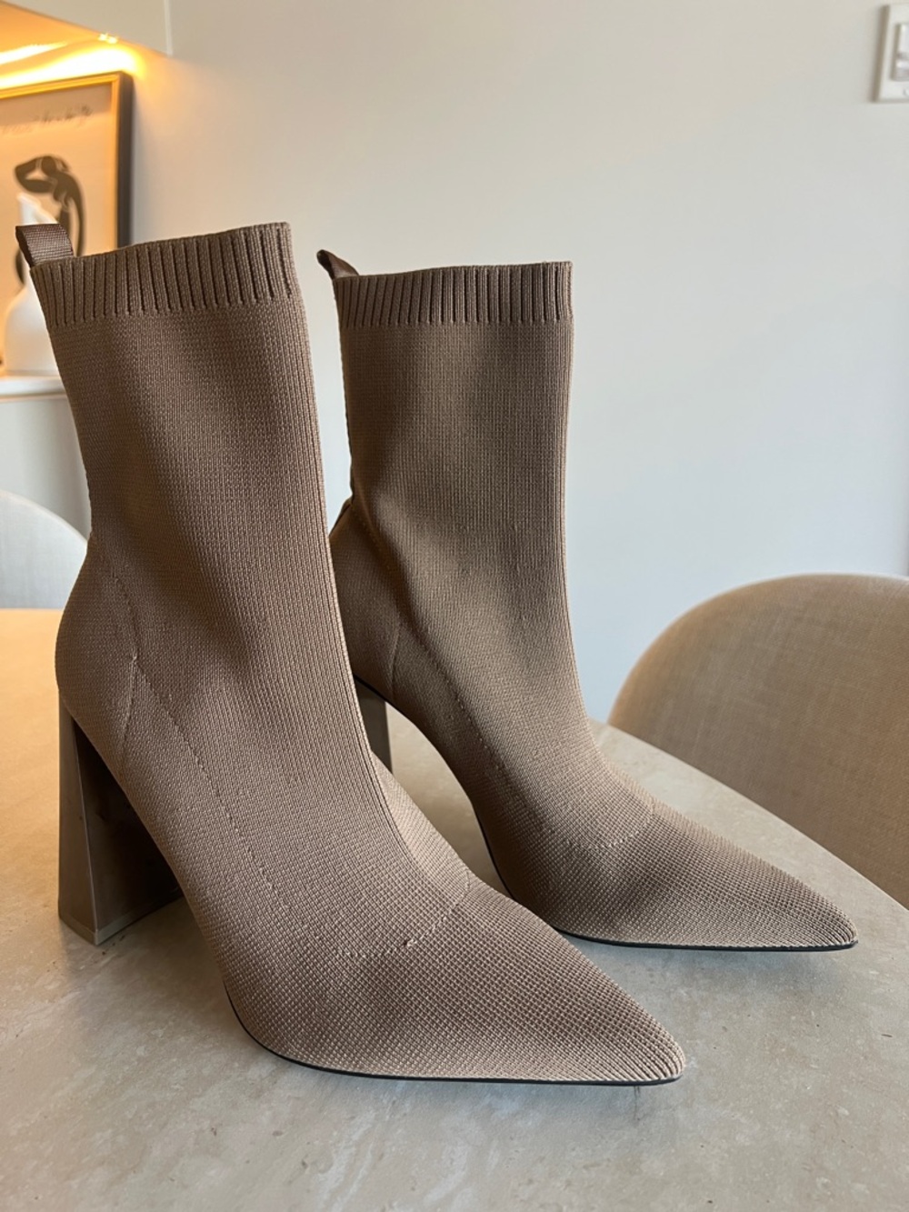 Zara Knit Sock Pointed-Toe Block Heel Ankle Boots - Brown 38 - Picture 2 of 6